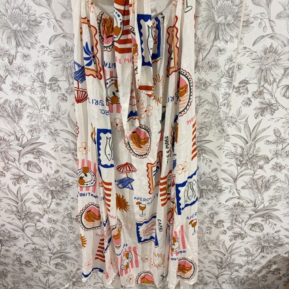 Paper Heart Dress Women XS Maxi Strapless Linen Blend Italy Capri Aperol Print - Picture 3 of 10
